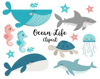 Ocean Life Clipart, Shark, Whale, Jellyfish, Dolphin, Sea Horse, Star Fish, turtle, under the sea, Commercial Use, Vector clipart, SVG, PNG