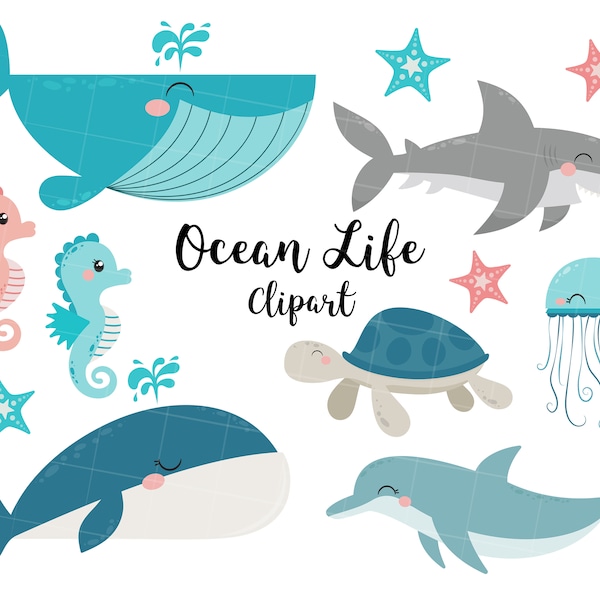 Ocean Life Clipart, Shark, Whale, Jellyfish, Dolphin, Sea Horse, Star Fish, turtle, under the sea, Commercial Use, Vector clipart, SVG, PNG