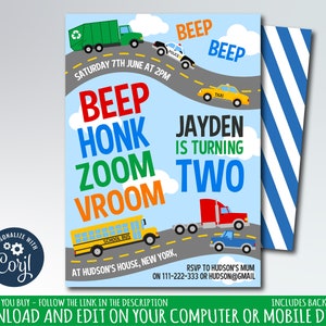 transportation birthday party invitation, vehicles party invite, roads and cards party invite, transportation baby shower instant download