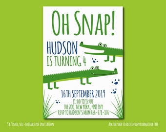 May include: A birthday invitation with a green background and the words "OH SNAP!" in green. The invitation features two green cartoon alligators and the text "HUDSON IS TURNING 4". Additional text includes the date, time, and location.