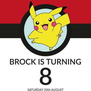 Peut inclure: Un personnage de dessin anim&eacute; Pikachu jaune sur un fond rouge avec du texte noir qui dit "Je te choisis pour une c&eacute;l&eacute;bration !" Brock a 8 ans. Samedi 20 ao&ucirc;t de 14h &agrave; 18h. Stade Pok&eacute;mon, Ville Vermillon. rsvp : 01234 432 234 ; Brock@mail.com
