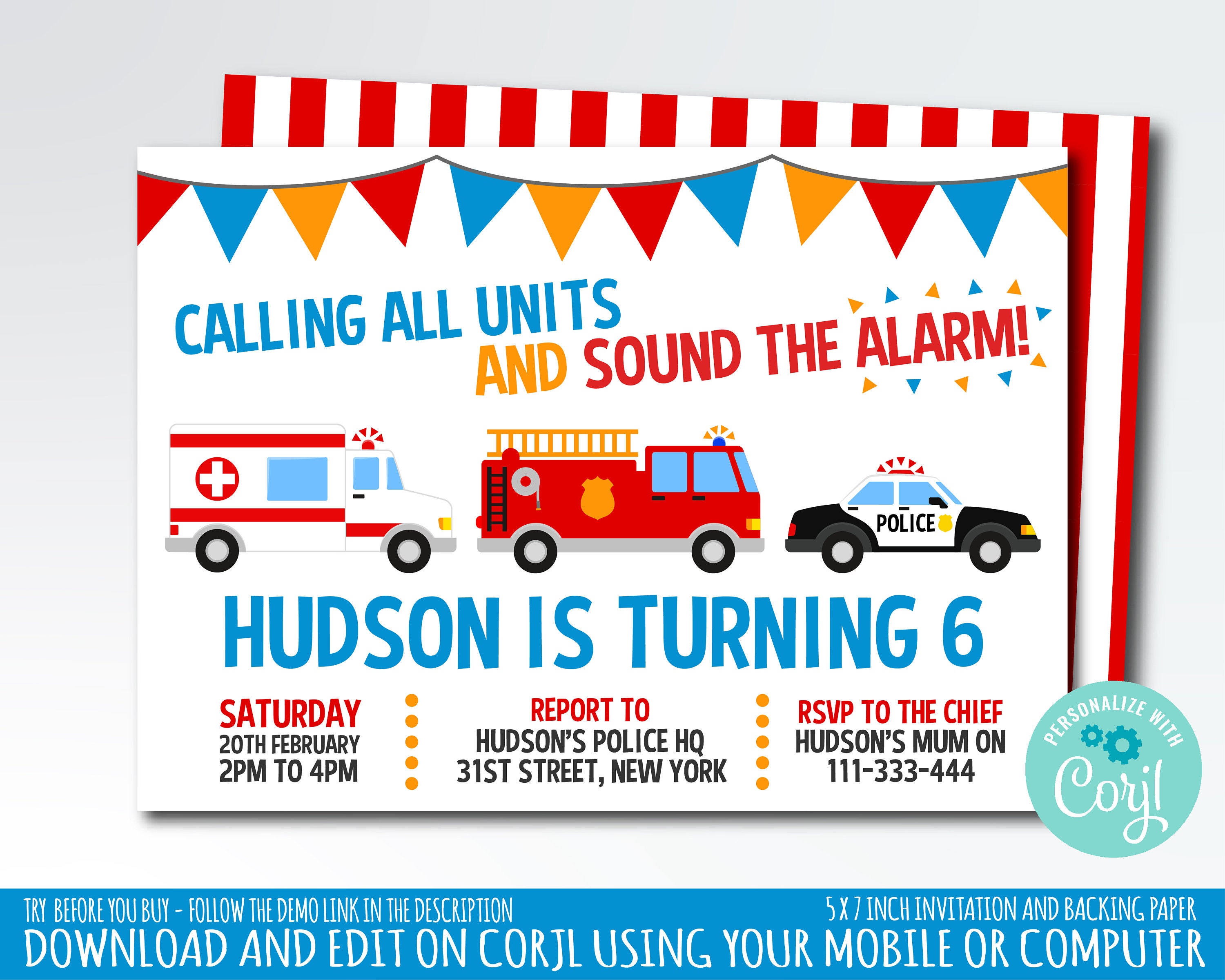 Emergency vehicles Birthday Party Invitation Fire party Etsy