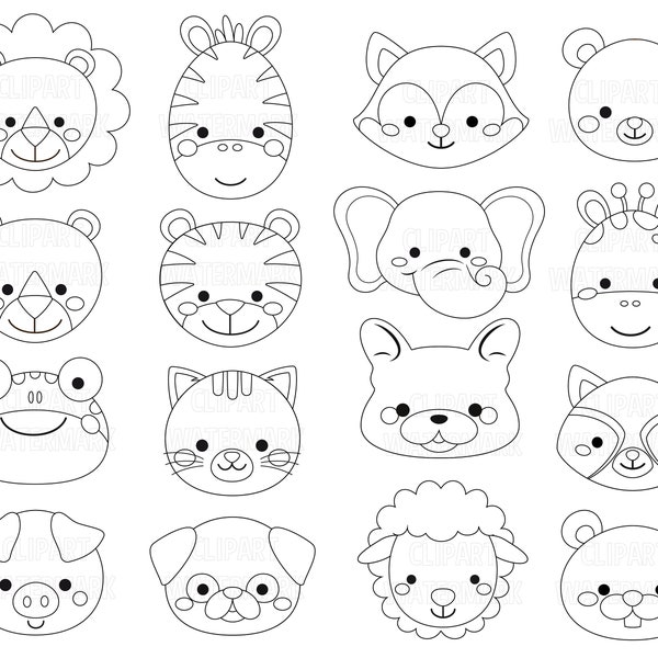 Animal faces Clipart, Safari animals, cats, dogs, bears, lamb, pigs, lion, fox, zebra, Frog clipart, commercial use, digital stamp, svg, png