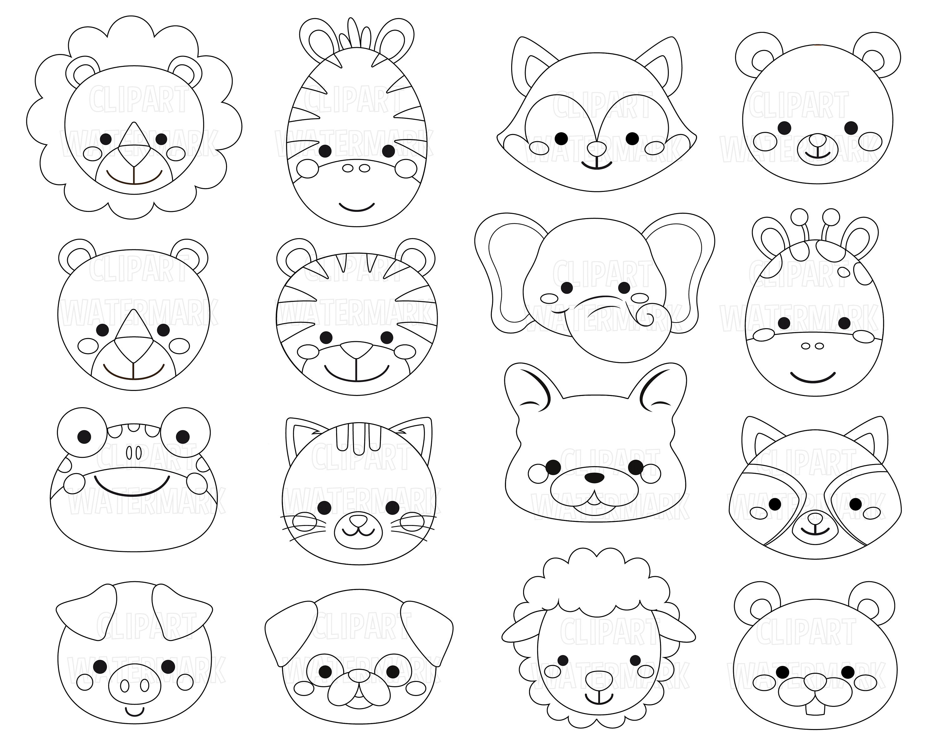 Animal Faces Clipart, Safari Animals, Cats, Dogs, Bears, Lamb, Pigs