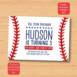 May include: Baseball-themed birthday invitation with red stitching on a white background. The text reads "All Star Birthday", "Hudson is turning 5", "Saturday June 22nd at 6pm", "The Bowling Alley, New York", and "RSVP Hudson's Mum 555-444-666".