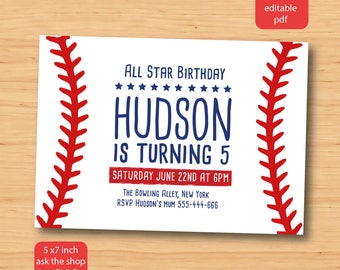Baseball birthday invitation - SELF EDITABLE PDF - 5 x 7 inch Customisable Baseball Printable Birthday Party Invite - Instant Download