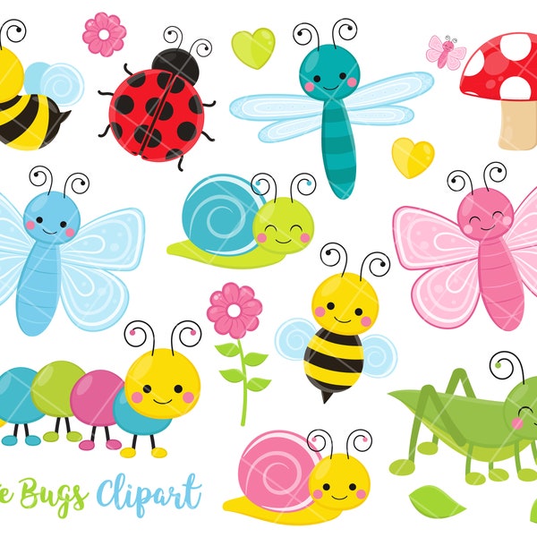Cute Crawling Bugs Clipart, Cute insects, grasshopper, snail, ladybird, caterpillar, butterflies, dragonfly, commercial use svg, png