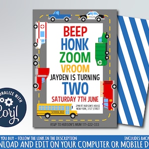 transportation birthday party invitation, vehicles party invite, roads and cards party invite, transportation baby shower instant download