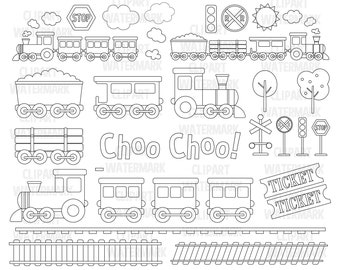 Zug-Set Clipart, Dampfzug Clipart, Bahngleise, TransportFahrzeuge Clipart, Ticket Clipart, digitale Stempel, Svg Png kommerzielle Nutzung