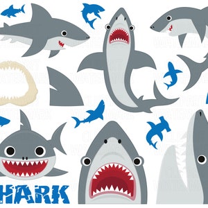 Clipart de tiburón, imágenes prediseñadas de tiburón lindo, imágenes prediseñadas de peces, clipart de tiburón bebé, vida marina, océanos, PNG, SVG, lindo tiburón clipart, uso comercial
