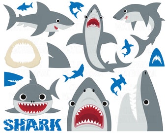 Clipart de tiburón, imágenes prediseñadas de tiburón lindo, imágenes prediseñadas de peces, clipart de tiburón bebé, vida marina, océanos, PNG, SVG, lindo tiburón clipart, uso comercial