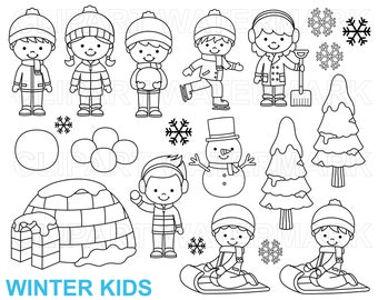 Winter Clipart Digitale Postzegel, Winter kinderen Clipart zwart-wit, kinderen, winter outfits, sneeuwpop, iglo, sneeuw, svg, png, commercieel gebruik