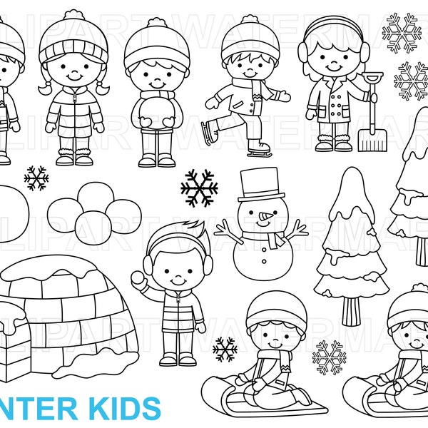 Winter Clipart Digital Stamp, Winter kids Clipart black and white, children, winter outfits, snowman, igloo, snow, svg, png, commercial use