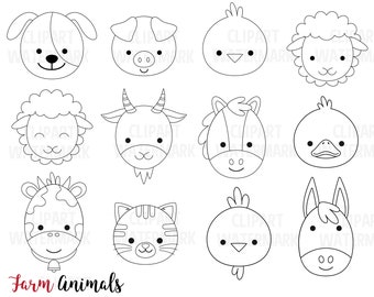 Farm Animal faces Clipart, Safari animals, cats, dogs, Sheep, lamb, pigs, duck, Chicken, horse, cow, commercial use, svg, png, digital stamp