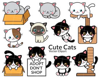 Kittens and Cats Clipart - Kitten Clipart - Cute Cats Clipart Set - Vector Clipart- Instant Download -Kawaii Cats Clipart 300dpi png and svg