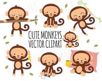 Vector Clipart Monkey, Cute Monkey Clipart, Safari clipart, Jungle clipart,  Baby Monkey Clipart, Instant Download-300 dpi png and svg