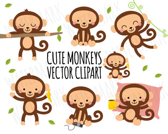 Vector Clipart Monkey Cute Monkey Clipart Safari Clipart Etsy