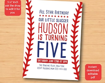 Baseball birthday party invitation, self editable, personalised and downloadable baseball invite, 5x7 inch baseball birthday party invite