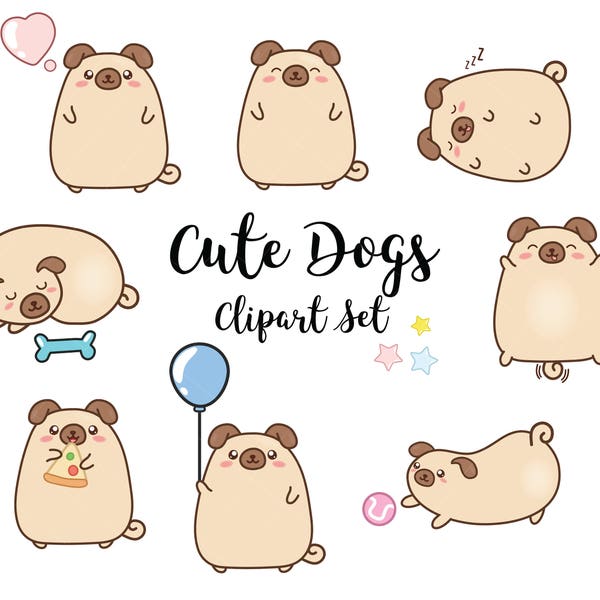 Vector Clipart Kawaii Pugs / dogs - Cute Pugs Clipart Set - High Quality 300ppi png - Instant Download - Kawaii Clipart