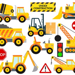May include: A set of ten yellow construction vehicles, including a cement mixer, dump truck, forklift, tractor, excavator, crane, and tow truck. The vehicles are all cartoon-style and have black wheels. There are also several traffic signs, including a stop sign, a do not enter sign, and a warning sign. The text "Under Construction" is displayed on a yellow and black striped sign.