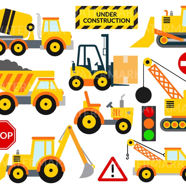 Construction Clipart, instant download vector clipart, dump truck, tractor, lorry, backhoe, cement truck, png, svg, jpg, commercial use