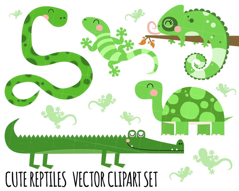 May include: A set of cute green reptile illustrations, including a snake, lizard, chameleon, turtle, and alligator. The illustrations are in a cartoon style and are perfect for use in children's books, crafts, or other creative projects.