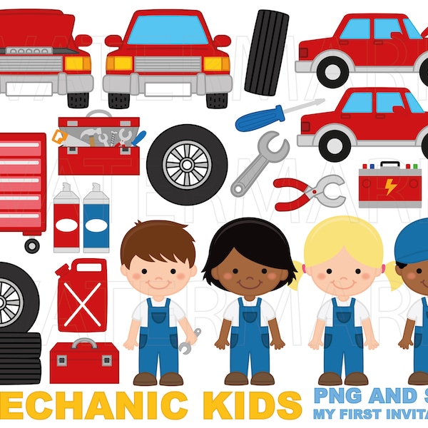 Mechanic Clipart, Children Mechanic Clipart, Vehicle and automobile clipart, tyres, tools and cars clipart, svg, png, commercial use