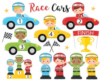 May include: A set of colorful cartoon race cars with drivers, a checkered flag, a trophy, and a finish line banner. The cars are numbered 1, 2, 3, and 4. The drivers are wearing racing suits with checkered patterns. The text "Race Cars" is written in a large, decorative font.