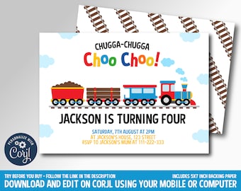 Train Birthday Party Invitation, cute train birthday invite, steam train party, Choo Choo train birthday, 5x7 inch instant download