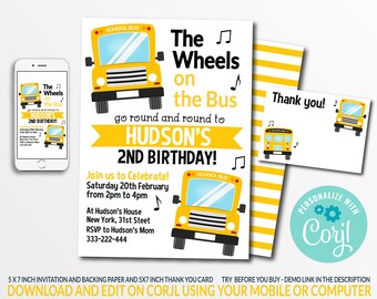 Peut inclure: Une invitation imprimable pour une fête d'anniversaire de 2 ans pour un enfant. L'invitation représente un bus scolaire jaune avec le texte "The Wheels on the Bus" et "Hudson's 2nd Birthday!" L'invitation comprend des détails sur la fête, y compris la date, l'heure et le lieu. L'invitation est conçue pour être personnalisée avec le nom de l'enfant et d'autres détails.