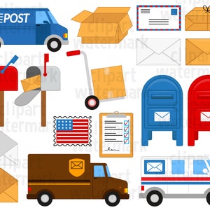 Clipart Post, SVG i PNG, clipart pocztowy, clipart listonosza, furgonetka pocztowa, furgonetka pocztowa, pudełko, znaczek, list, clipart skrzynki pocztowej, wykorzystanie komercyjne