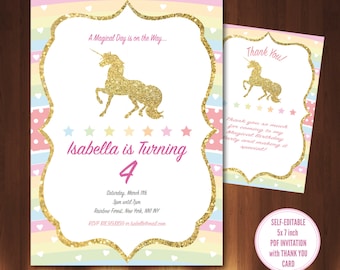 May include: A printable invitation and thank you card set featuring a gold glitter unicorn with rainbow stripes and polka dots. The invitation says "A Magical Day is on the Way... Isabella is Turning 4" and includes details for a birthday party. The thank you card says "Thank You! Thank you so much for coming to my Magical Birthday party and making it special!"