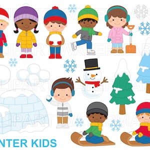 冬のクリップアート、冬の子供のクリップアート、冬の子供、冬の服装、雪だるま、イグルー、雪、SVG、PNG、商用利用