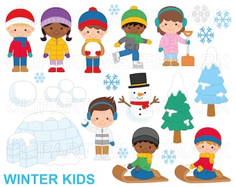 Winter Clipart, Winter kids Clipart, winter kinderen, winter outfits, sneeuwpop, iglo, sneeuw, svg, png, commercieel gebruik
