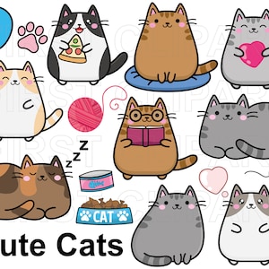 Vektor Clipart Kawaii Katze, süße Katzen, schlafende Katze Clipart, Katzen Clipart, sofortiger Download 300dpi png und svg, kommerzielle Nutzung