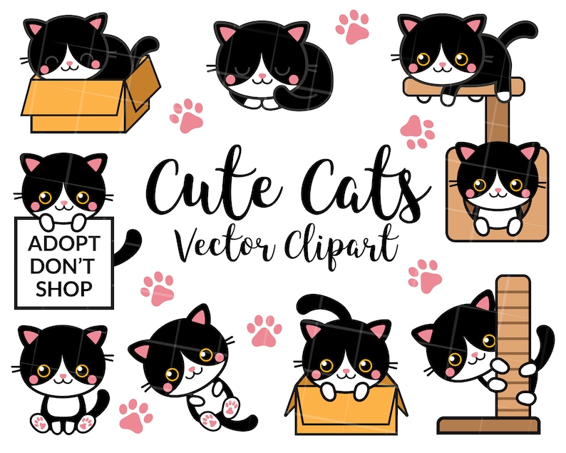 May include: Cute black and white cartoon cats in various poses. Some cats are in boxes, on scratching posts, or holding signs. The text "Cute Cats Vector Clipart" is written in black cursive font.