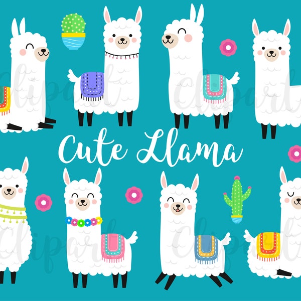 Llama Clipart - Mignon Llama Clipart - Mignon Alpaga Clipart Set - Vector Clipart- Téléchargement instantané -Kawaii Llama Clipart 300dpi png et svg