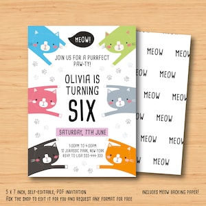 Cat birthday party invitation, kitten invitation, cat birthday, 5x7 inch instant download off, self editable birthday invite, kitty birthday