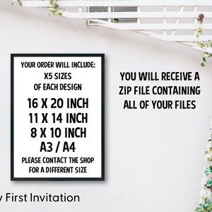 Puede incluir: Texto en blanco y negro sobre un fondo blanco en un marco negro. El texto dice "Su pedido incluir&aacute;: 5 tama&ntilde;os de cada dise&ntilde;o 16 x 20 pulgadas 11 x 14 pulgadas 8 x 10 pulgadas A3/A4 Por favor, contacte con la tienda para un tama&ntilde;o diferente". El texto "Recibir&aacute; un archivo zip que contiene todos sus archivos" tambi&eacute;n es visible en el lado derecho de la imagen. El texto "My First Invitation" es visible en la parte inferior de la imagen.