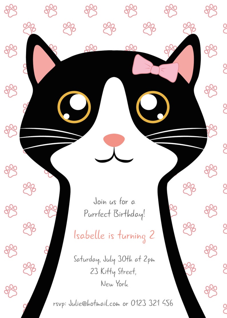 cat, kitty, kitten birthday invitation SELF EDITABLE PDF 5 x 7 inch Customisable Printable Birthday Party Invite Instant Download image 3