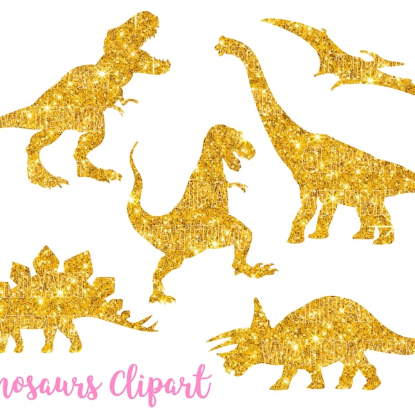 Dinosaur Gold Silhouette Clipart, Dinosaur Gold Glitter clipart, T-rex, stegosaurus, triceratops clipart, Svg, PNG commercial use