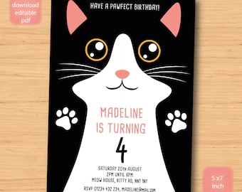 Cat birthday party invitation, kitten invitation, cat birthday, 5x7 inch instant download off, self editable birthday invite, kitty birthday