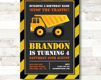 Invitación de cumpleaños de camión de construcción-PDF AUTO EDITABLE -Invitación de fiesta de cumpleaños imprimible personalizable de 5 x 7 pulgadas - Descarga instantánea