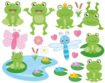Frogs Clipart, lilypads, frog, dragonflies, cute frogs, flowers, reptiles clip art set of frogs, png, svg, small commercial use