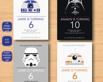 Juego de 4 invitaciones de star wars, PDF AUTOEDITABLE, Invitación de fiesta de cumpleaños imprimible personalizable de 5 x 7 pulgadas de star wars, Descarga instantánea