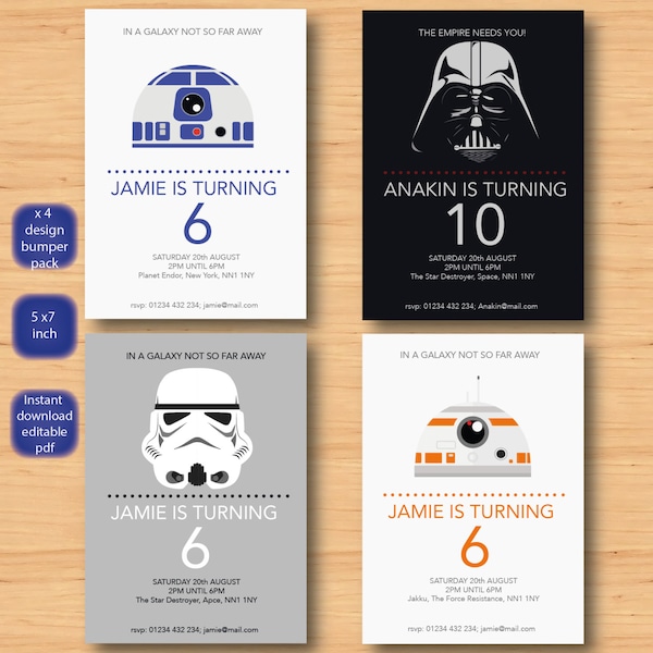 star wars x 4 invitations set - SELF EDITABLE PDF - all 5 x 7 inch Customisable star wars Printable Birthday Party Invite - Instant Download