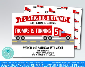 Może przedstawiać: Czerwono-szare zaproszenie na urodziny z czerwonym ciągnikiem siodłowym z napisem "It's a Big Rig Birthday!" i "Thomas kończy 5 lat". Zaproszenie zawiera datę i godzinę imprezy, miejsce oraz informacje RSVP.