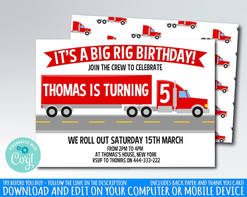 Big Rig Truck Birthday Party Invitation Construction Vehicle | Etsy