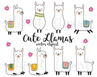 May include: Set of eight cute llama illustrations with colorful details. The llamas are white with black outlines and have different expressions. Some llamas are wearing colorful blankets. The illustrations are perfect for creating fun and whimsical designs.