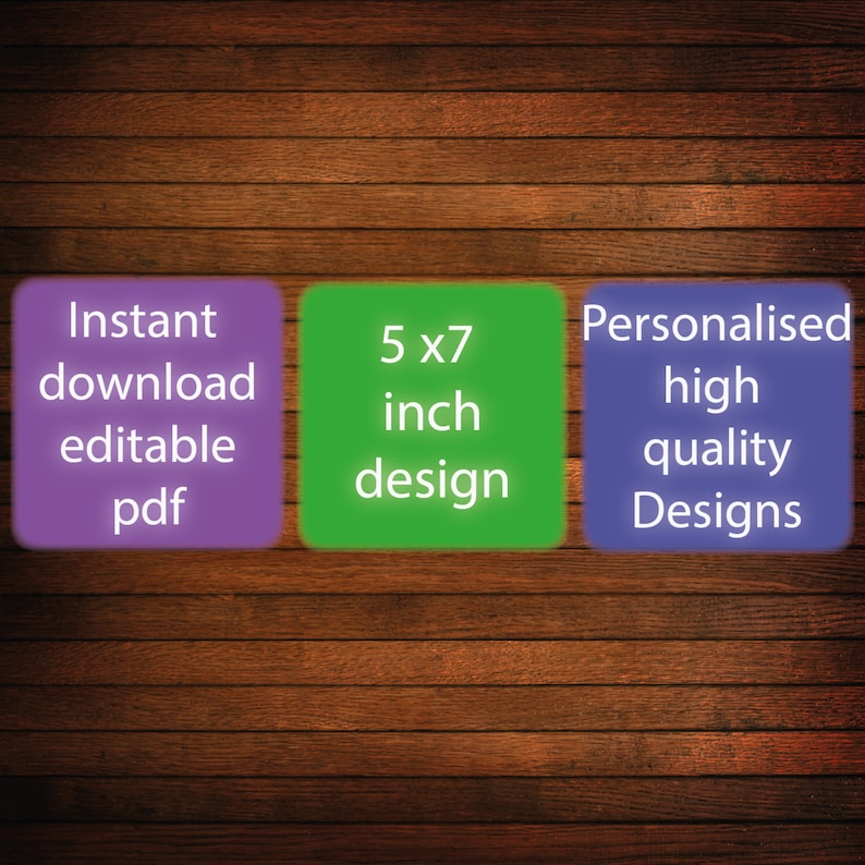 Peut inclure: Trois carr&eacute;s de couleur violette, verte et bleue avec du texte. Le carr&eacute; violet dit "T&eacute;l&eacute;chargement instantan&eacute; pdf &eacute;ditable". Le carr&eacute; vert dit "Conception 5 x 7 pouces". Le carr&eacute; bleu dit "Designs personnalis&eacute;s de haute qualit&eacute;".
